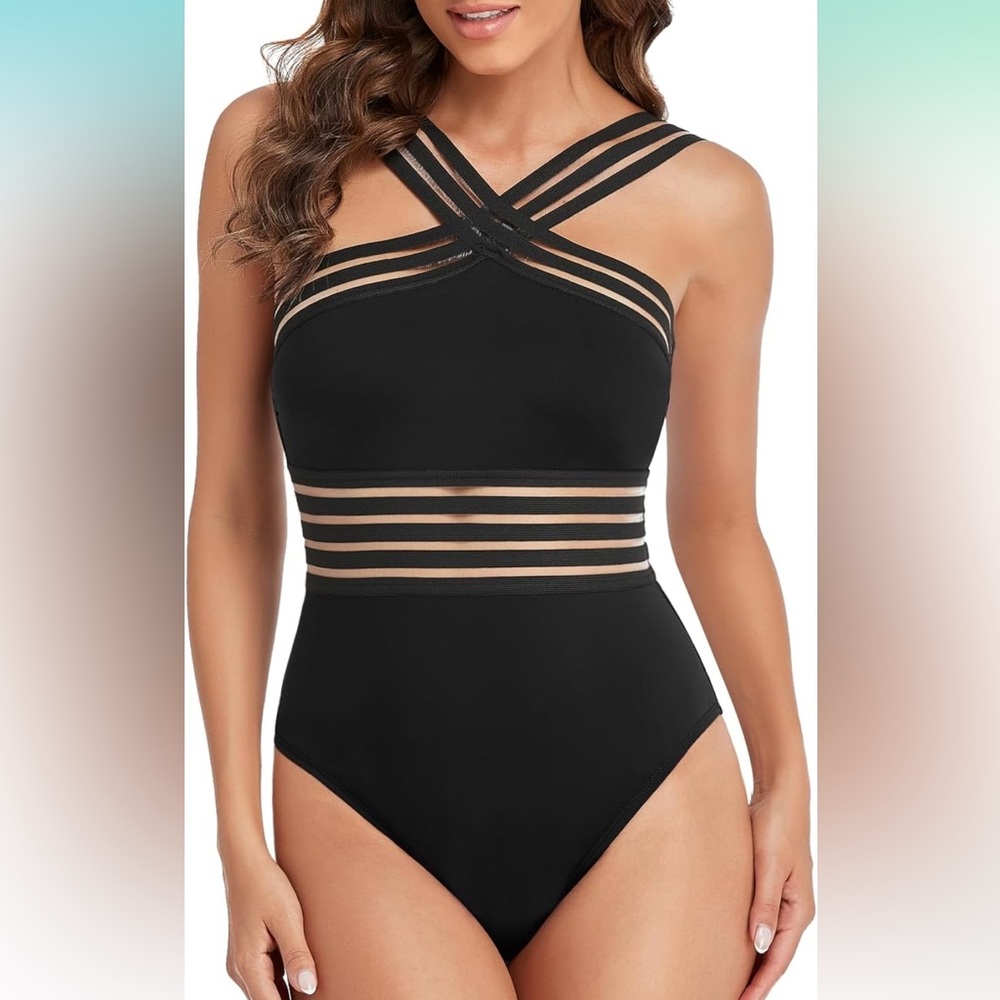 NEW Women’s One Piece Swimsuit; Size L Front Cossover Mesh Panel Detail